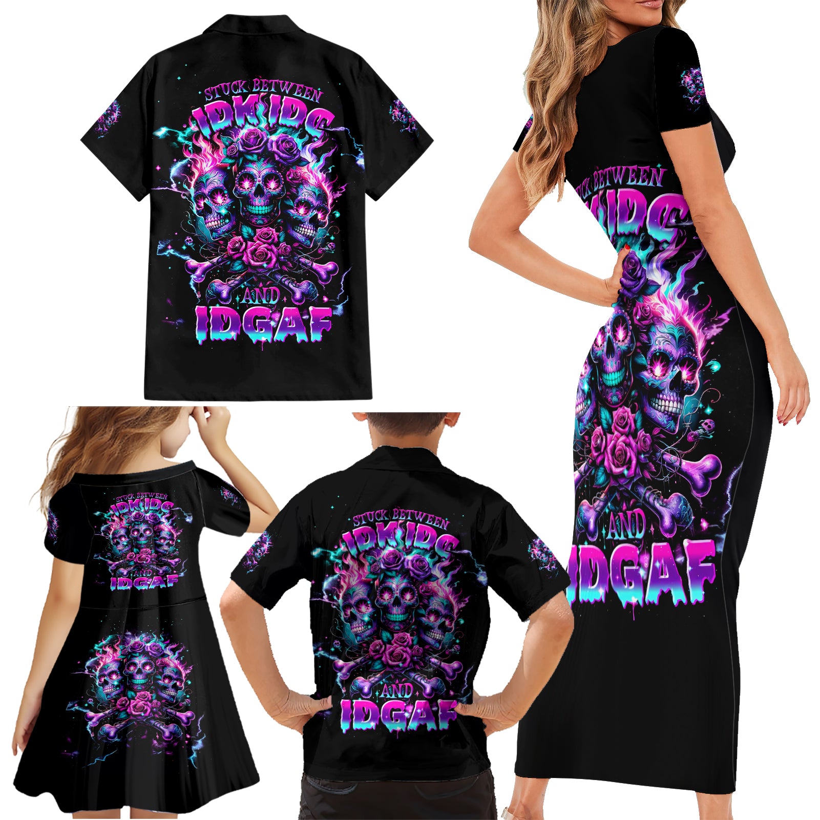 Flower Skull Family Matching Short Sleeve Bodycon Dress and Hawaiian Shirt Stuck Between IDK IDC - Wonder Print Shop