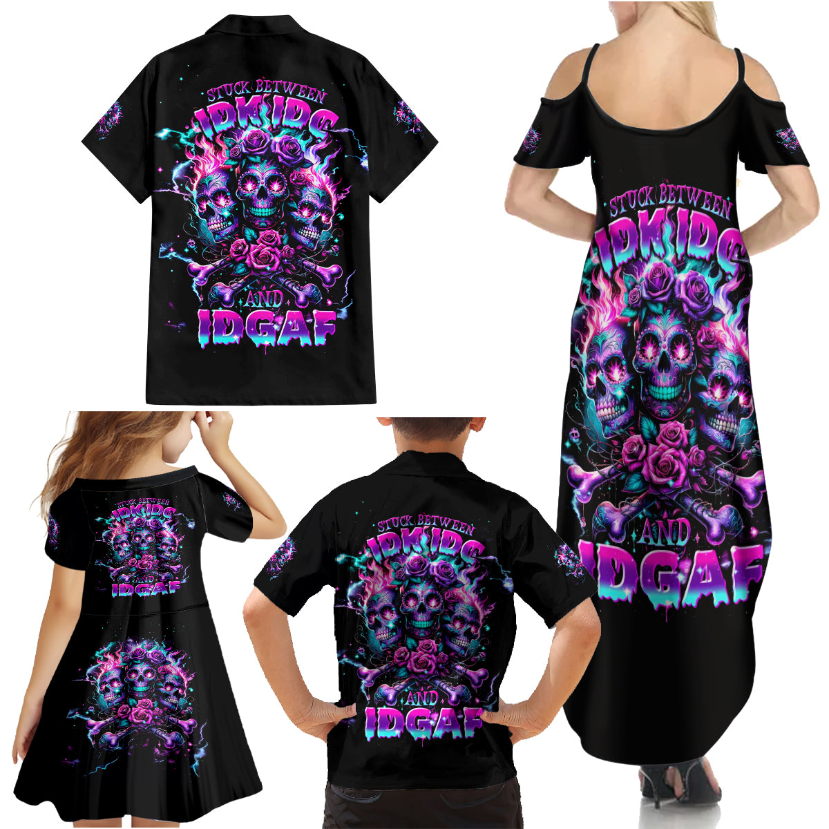 Flower Skull Family Matching Summer Maxi Dress and Hawaiian Shirt Stuck Between IDK IDC - Wonder Print Shop