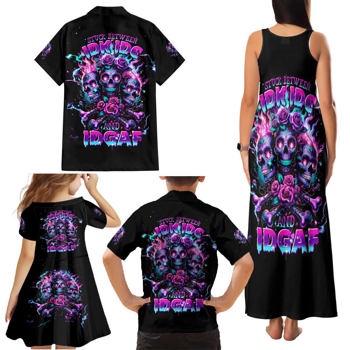 Flower Skull Family Matching Tank Maxi Dress and Hawaiian Shirt Stuck Between IDK IDC - Wonder Print Shop