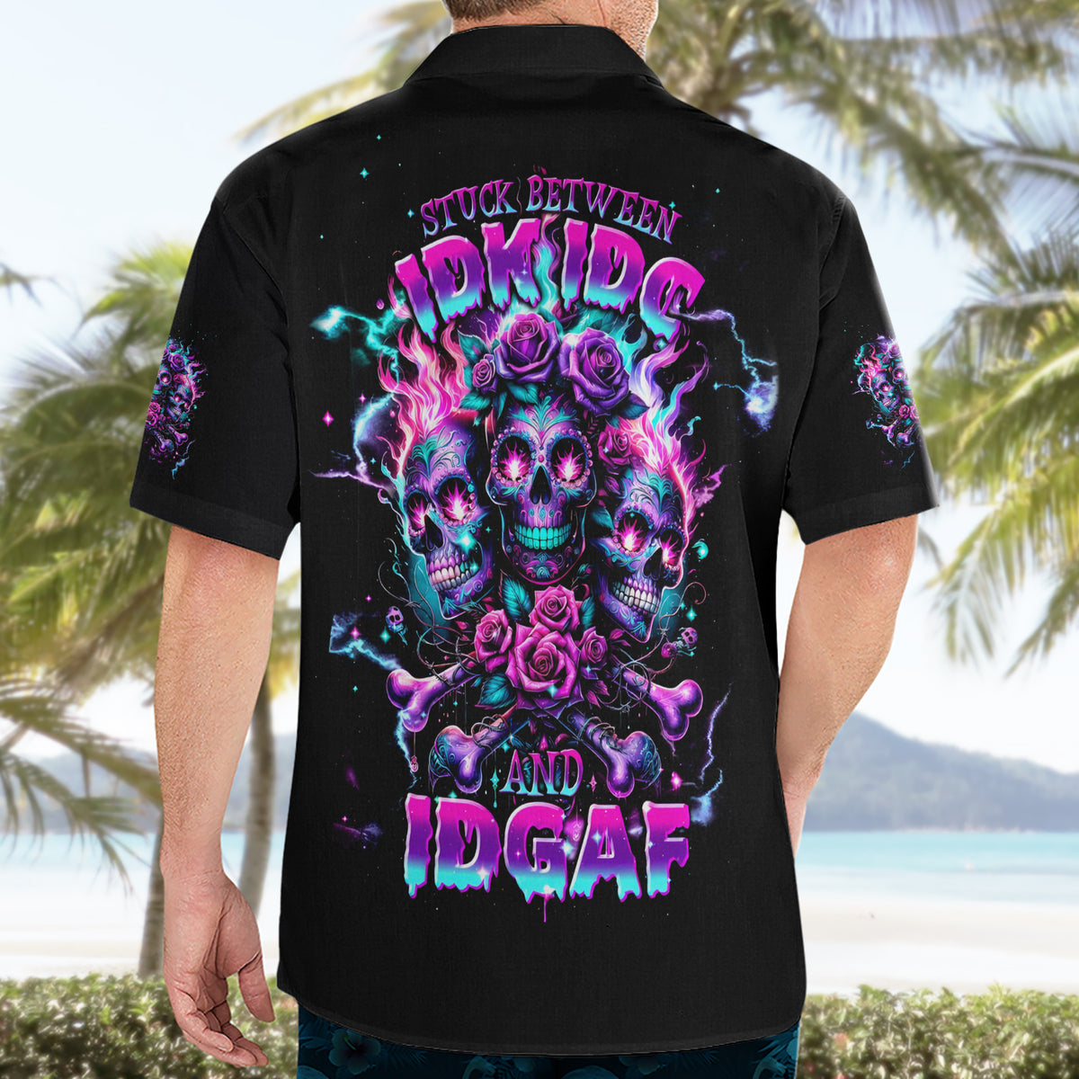 Flower Skull Hawaiian Shirt Stuck Between IDK IDC - Wonder Print Shop