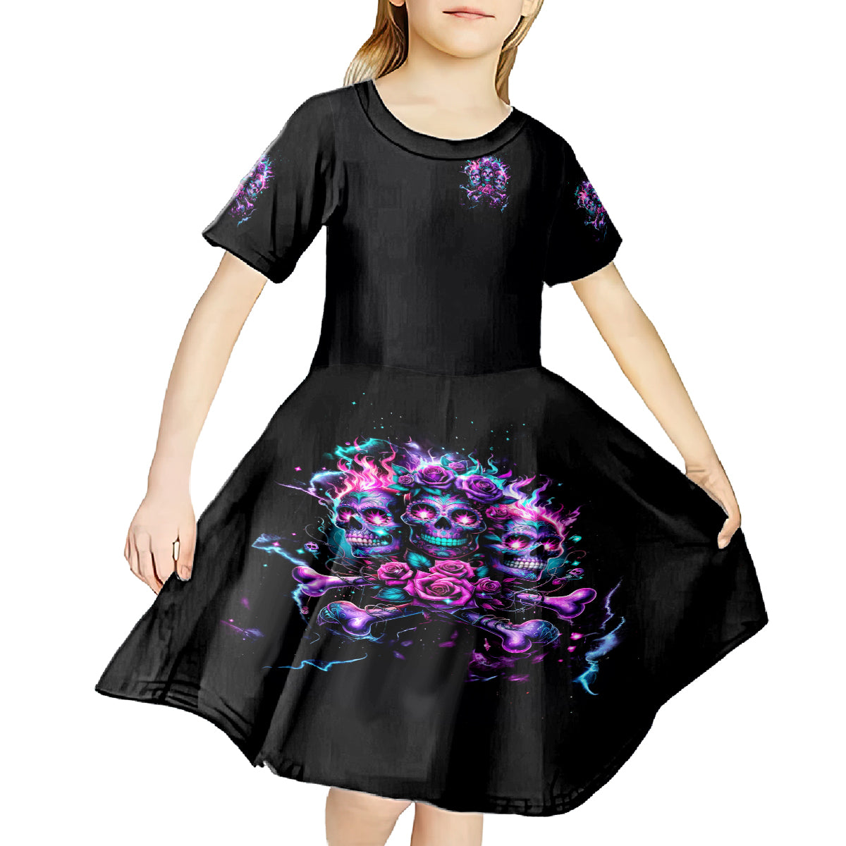 Flower Skull Kid Short Sleeve Dress Stuck Between IDK IDC - Wonder Print Shop