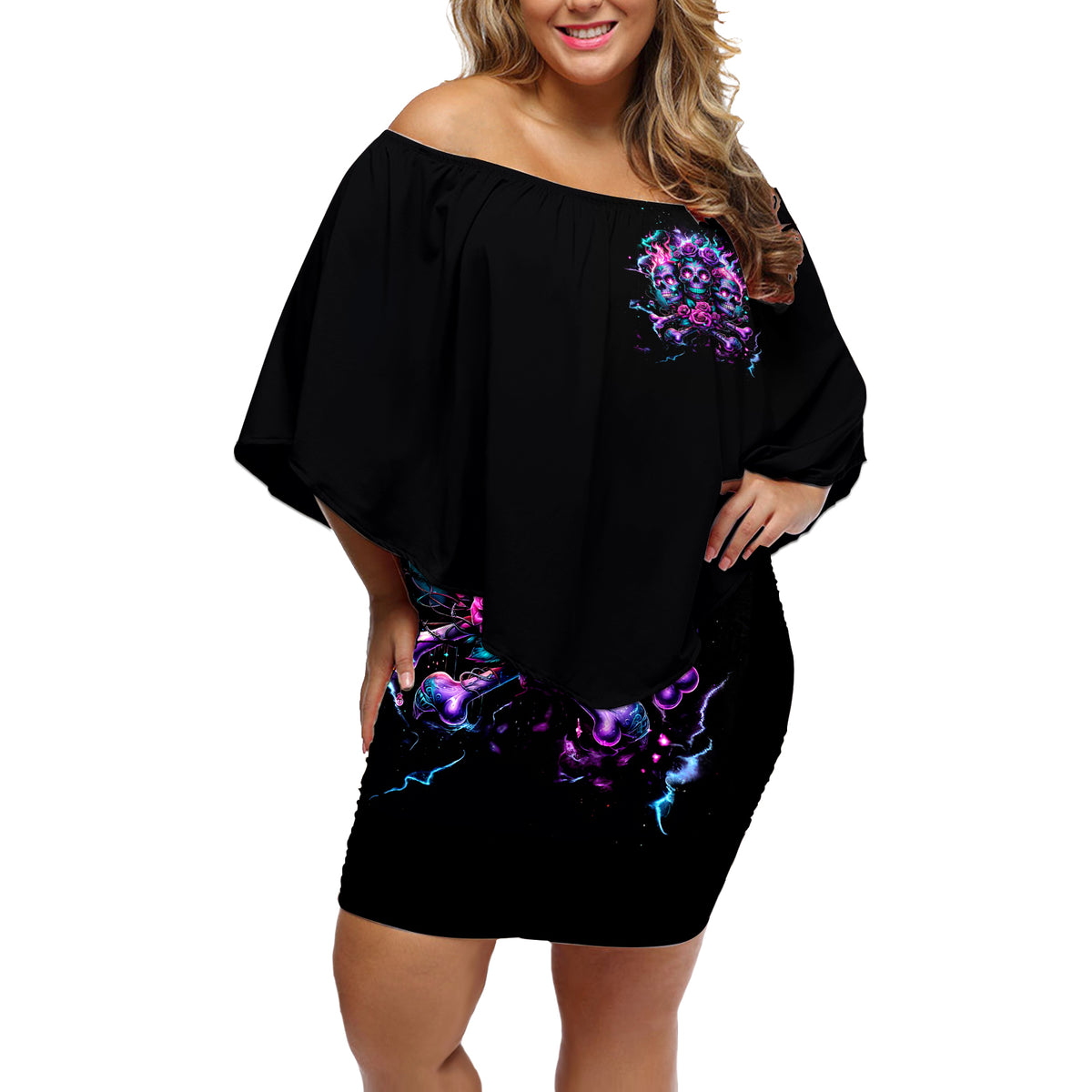 Flower Skull Off Shoulder Short Dress Stuck Between IDK IDC - Wonder Print Shop