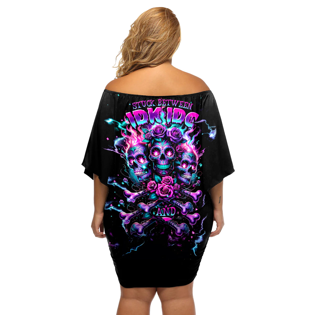 Flower Skull Off Shoulder Short Dress Stuck Between IDK IDC - Wonder Print Shop