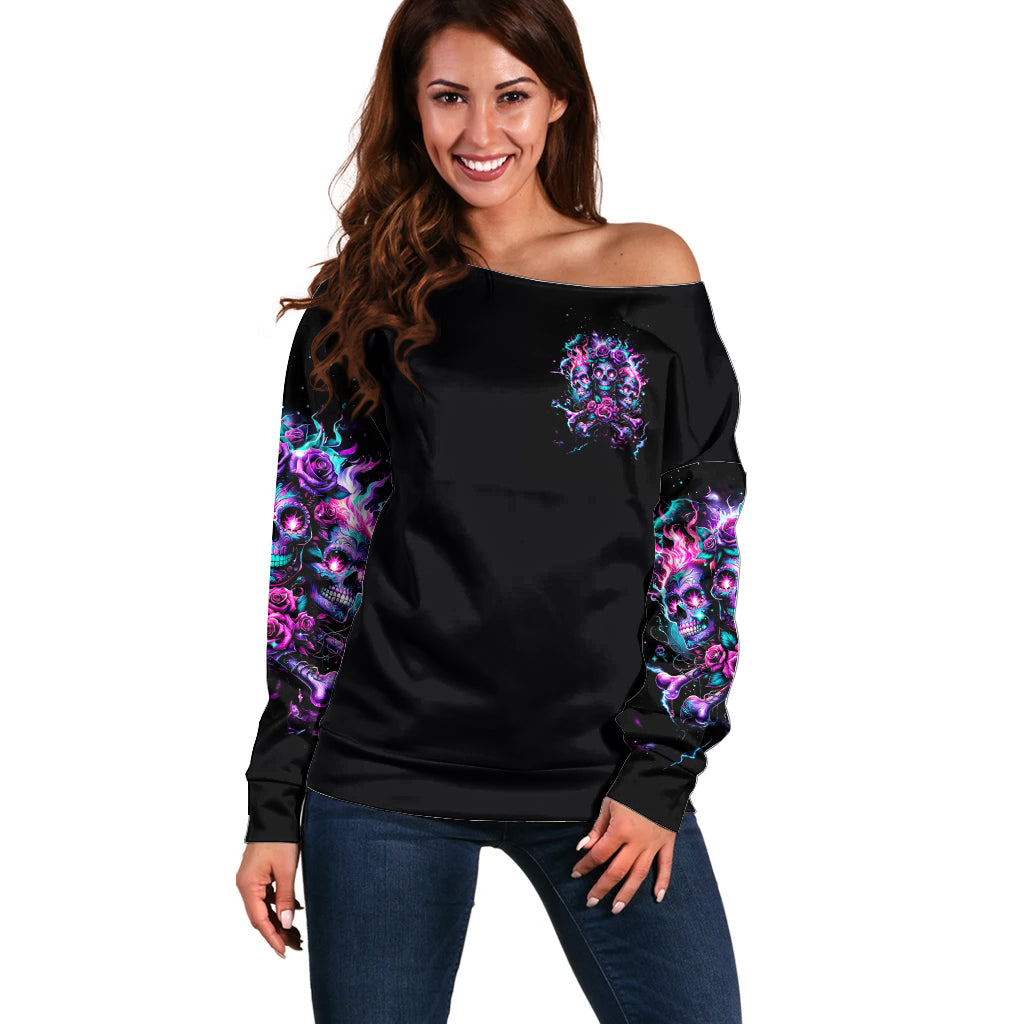 Flower Skull Off Shoulder Sweater Stuck Between IDK IDC - Wonder Print Shop