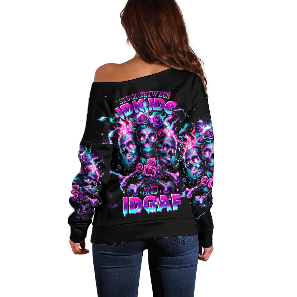 Flower Skull Off Shoulder Sweater Stuck Between IDK IDC - Wonder Print Shop