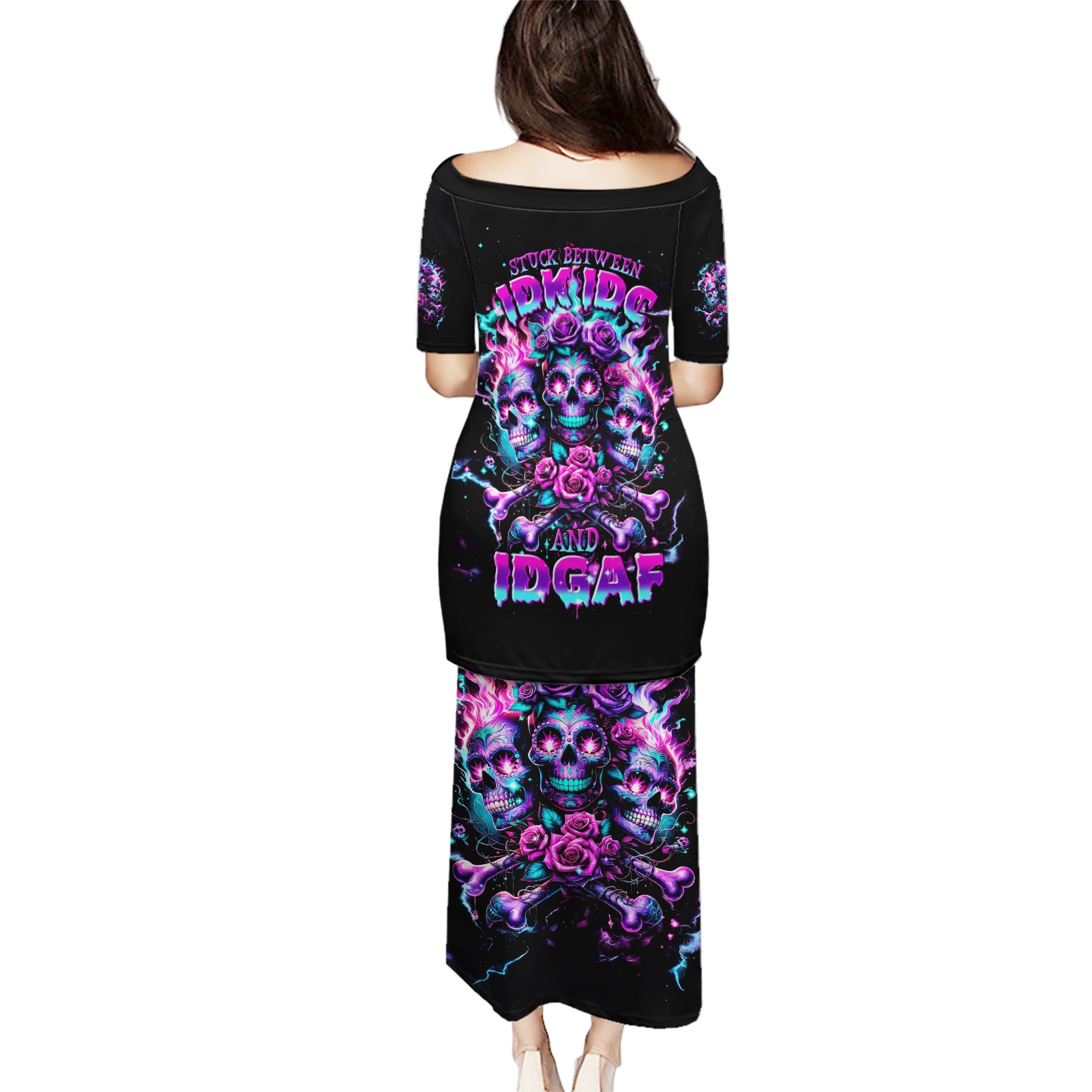 Flower Skull Puletasi Stuck Between IDK IDC - Wonder Print Shop