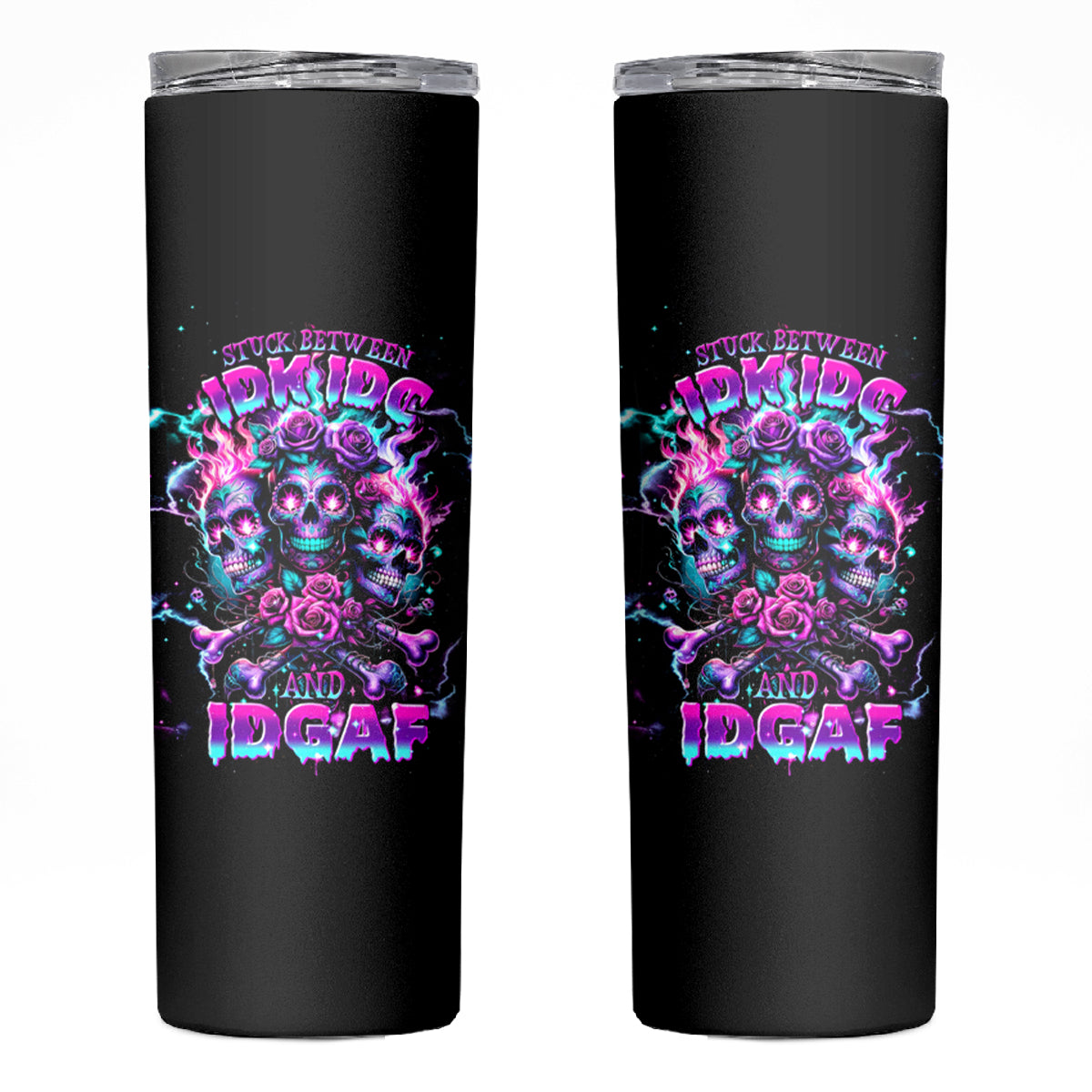 Flower Skull Skinny Tumbler Stuck Between IDK IDC - Wonder Print Shop