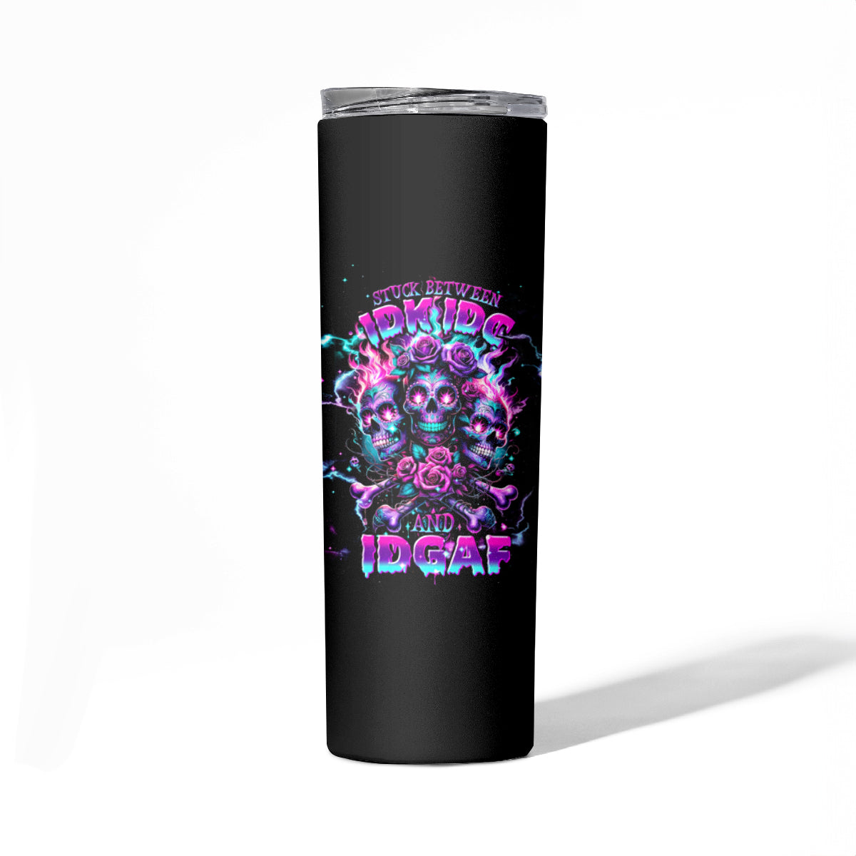 Flower Skull Skinny Tumbler Stuck Between IDK IDC - Wonder Print Shop