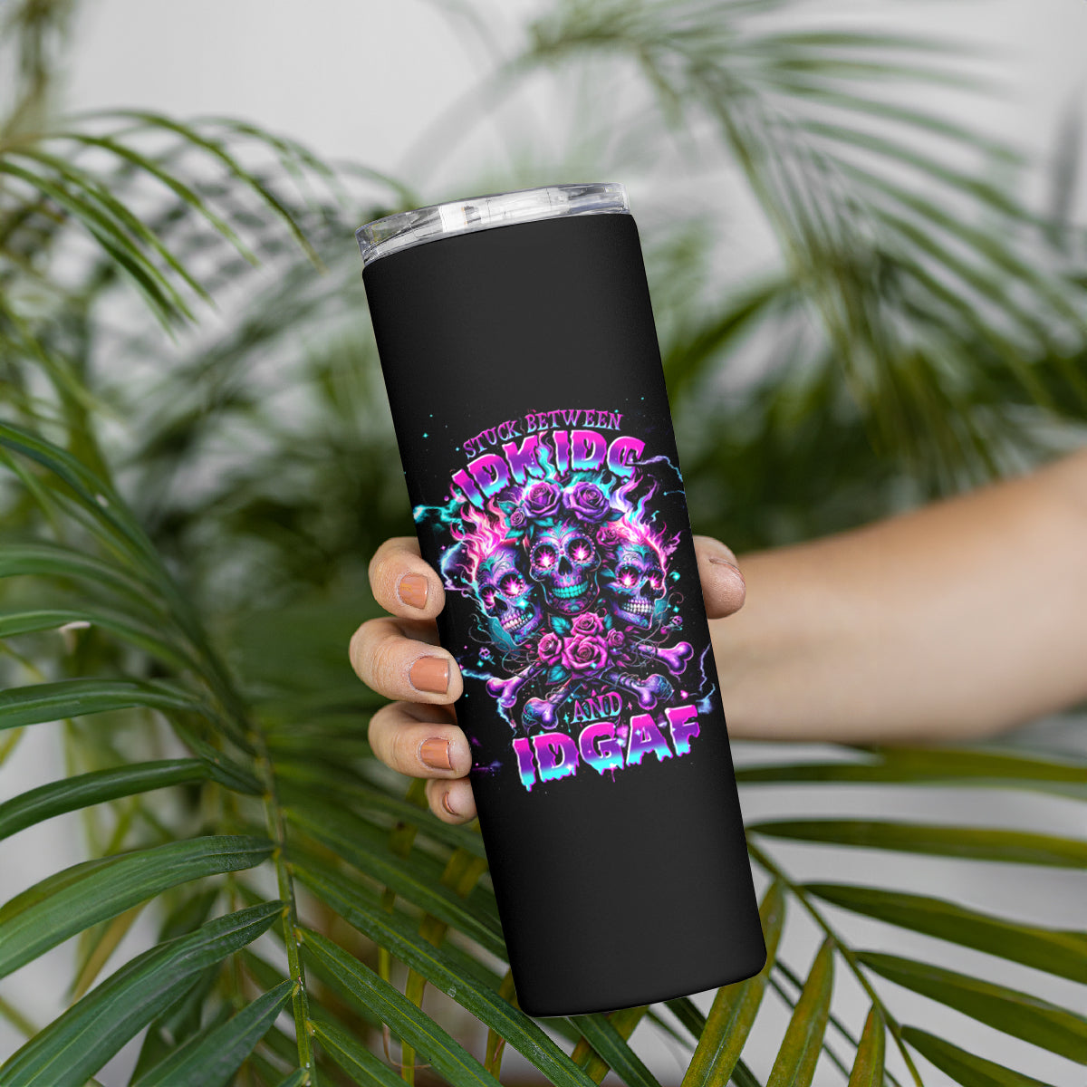 Flower Skull Skinny Tumbler Stuck Between IDK IDC - Wonder Print Shop
