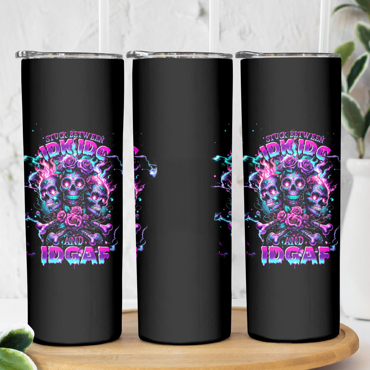 Flower Skull Skinny Tumbler Stuck Between IDK IDC - Wonder Print Shop