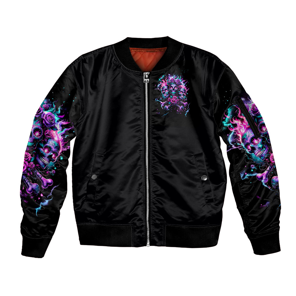 Flower Skull Sleeve Zip Bomber Jacket Stuck Between IDK IDC - Wonder Print Shop