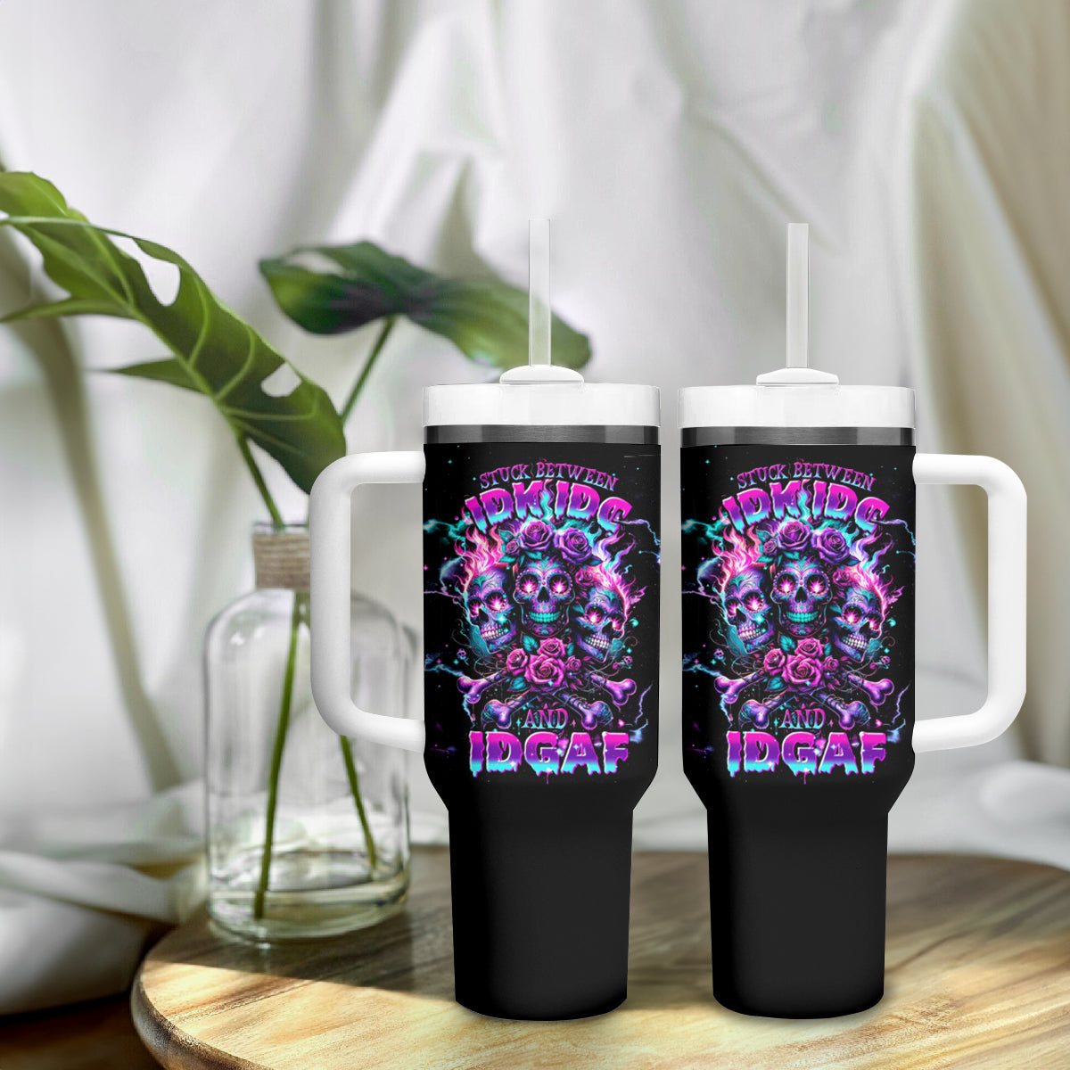 Flower Skull Tumbler With Handle Stuck Between IDK IDC - Wonder Print Shop