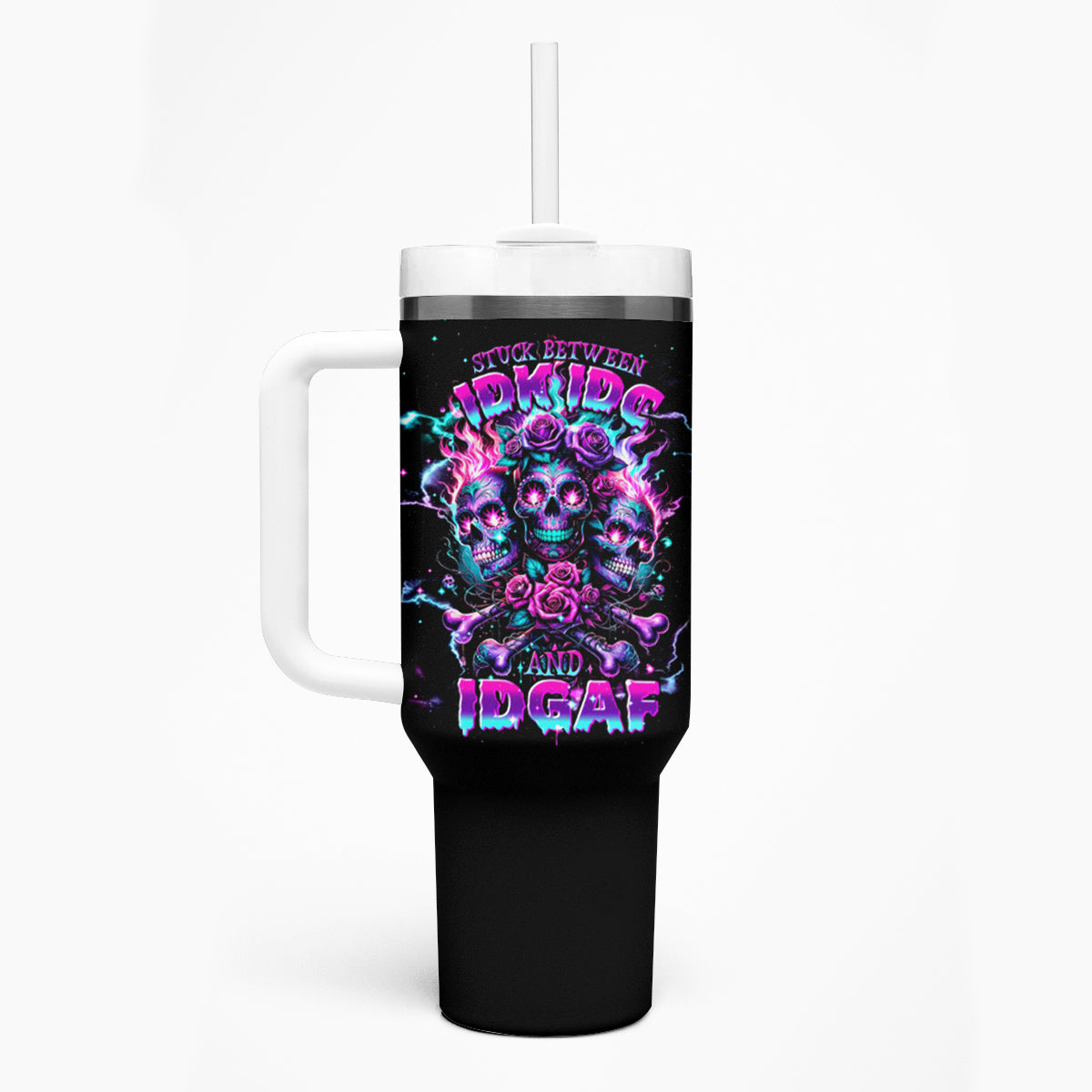 Flower Skull Tumbler With Handle Stuck Between IDK IDC - Wonder Print Shop
