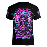 Flower Skull Women V Neck T Shirt Stuck Between IDK IDC - Wonder Print Shop