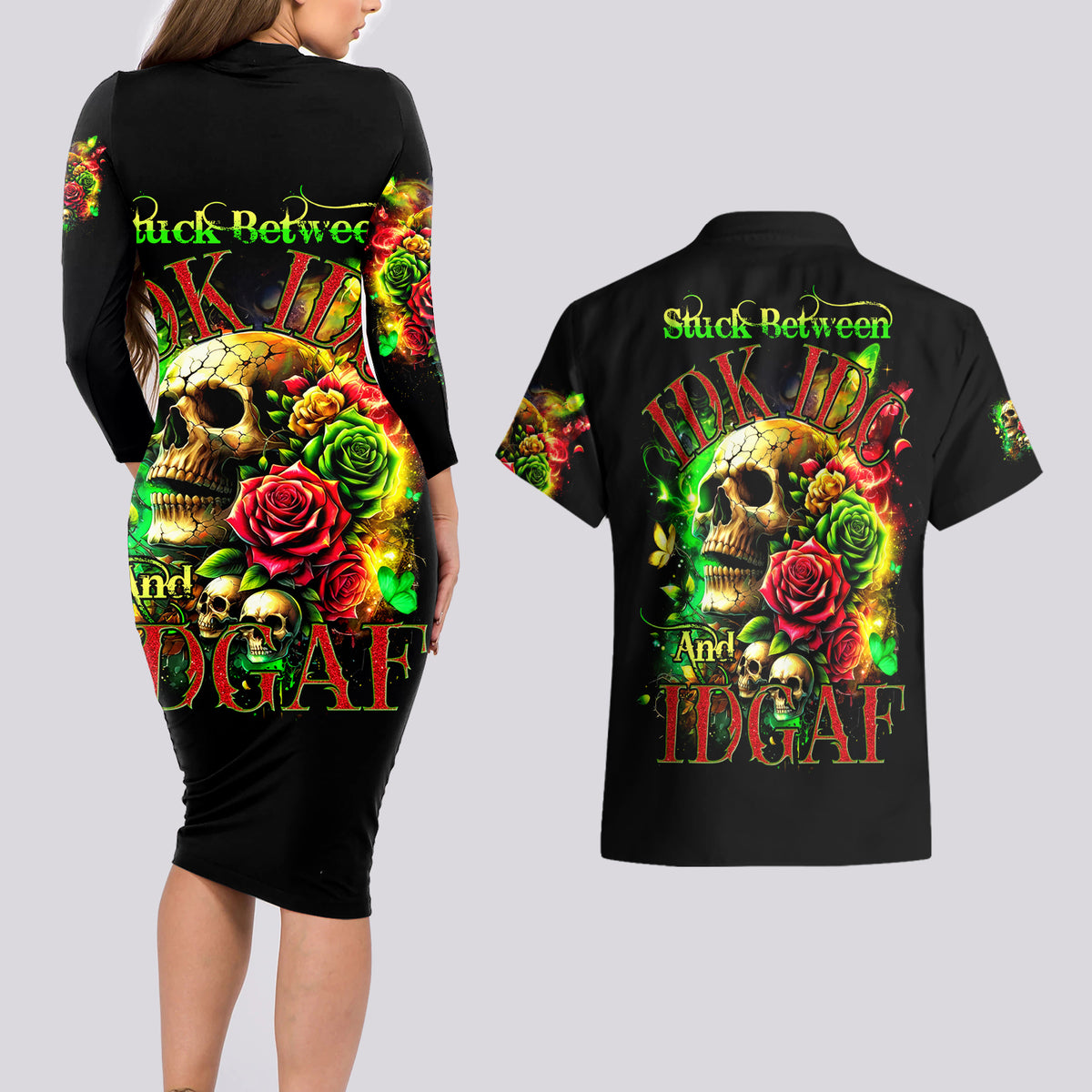 Rose Skull Couples Matching Long Sleeve Bodycon Dress and Hawaiian Shirt Stuck Between IDK IDC - Wonder Print Shop