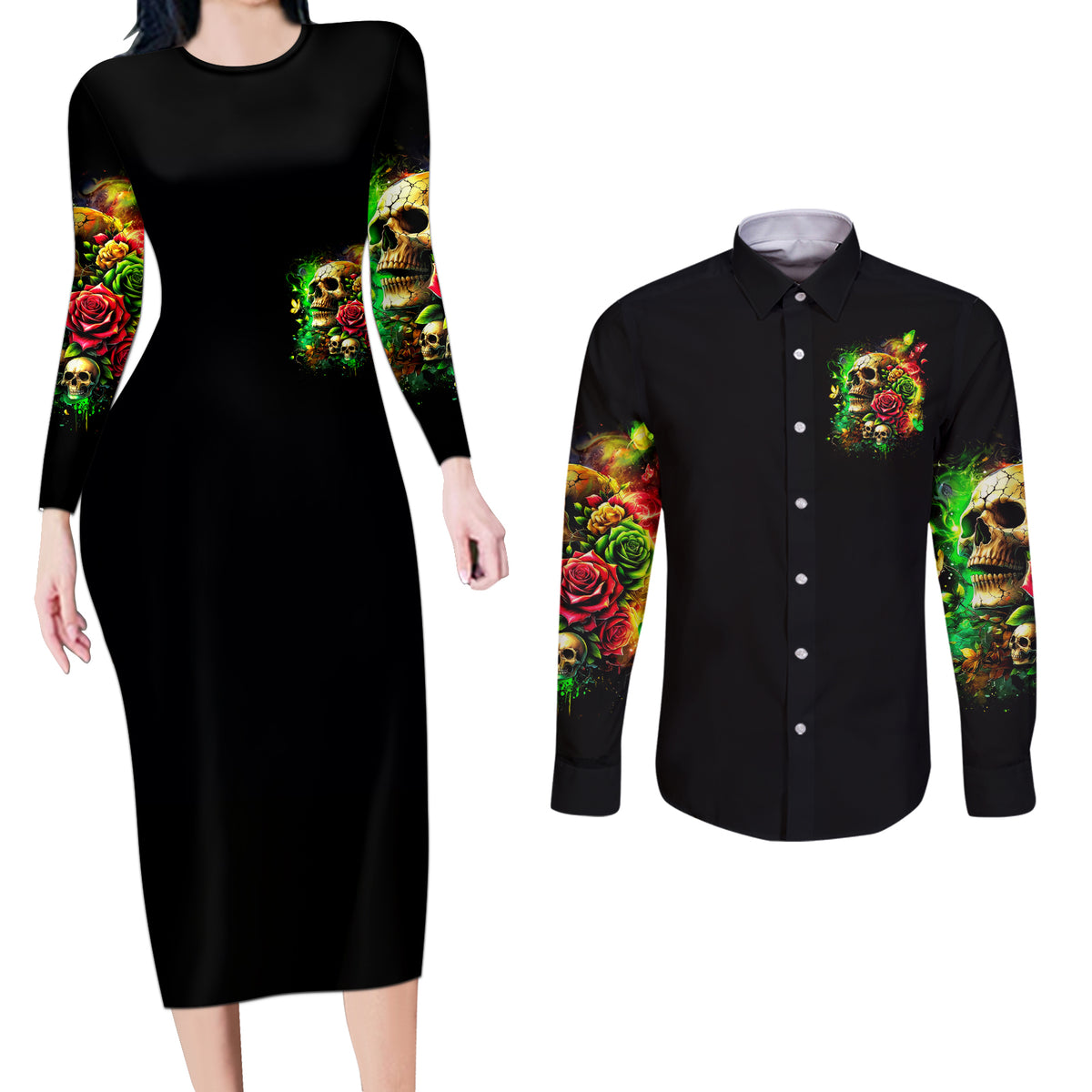 Rose Skull Couples Matching Long Sleeve Bodycon Dress and Long Sleeve Button Shirt Stuck Between IDK IDC - Wonder Print Shop