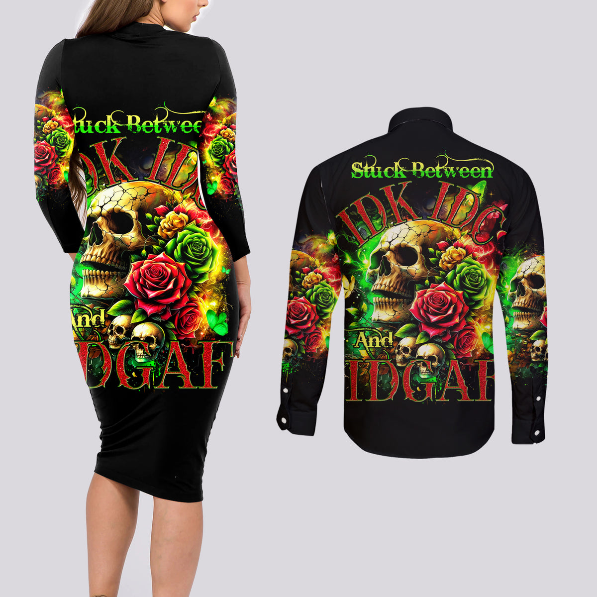 Rose Skull Couples Matching Long Sleeve Bodycon Dress and Long Sleeve Button Shirt Stuck Between IDK IDC - Wonder Print Shop