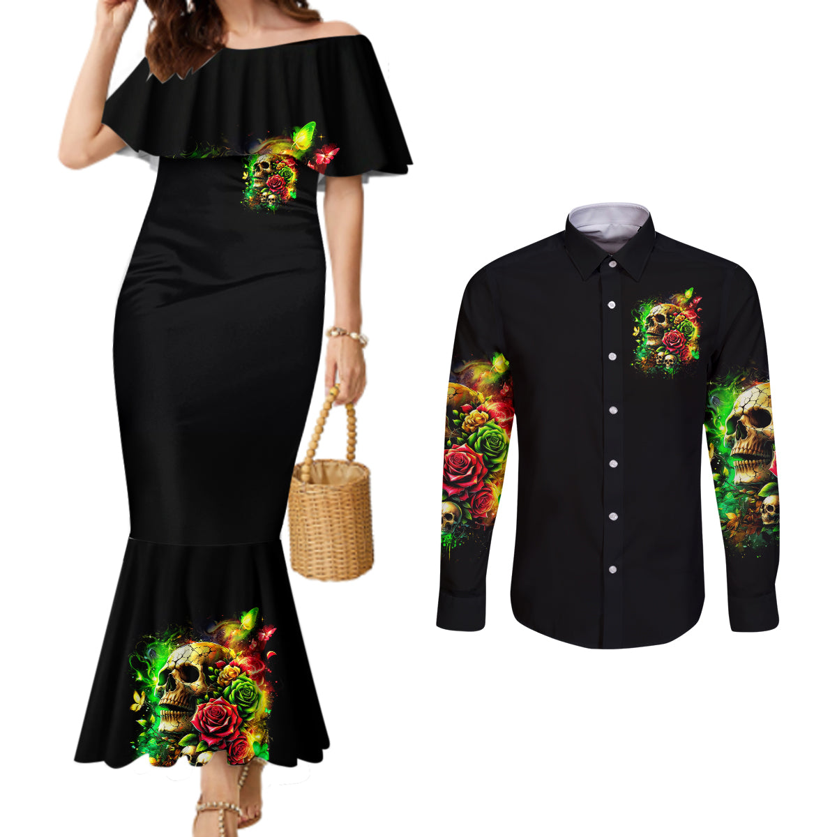 Rose Skull Couples Matching Mermaid Dress and Long Sleeve Button Shirt Stuck Between IDK IDC