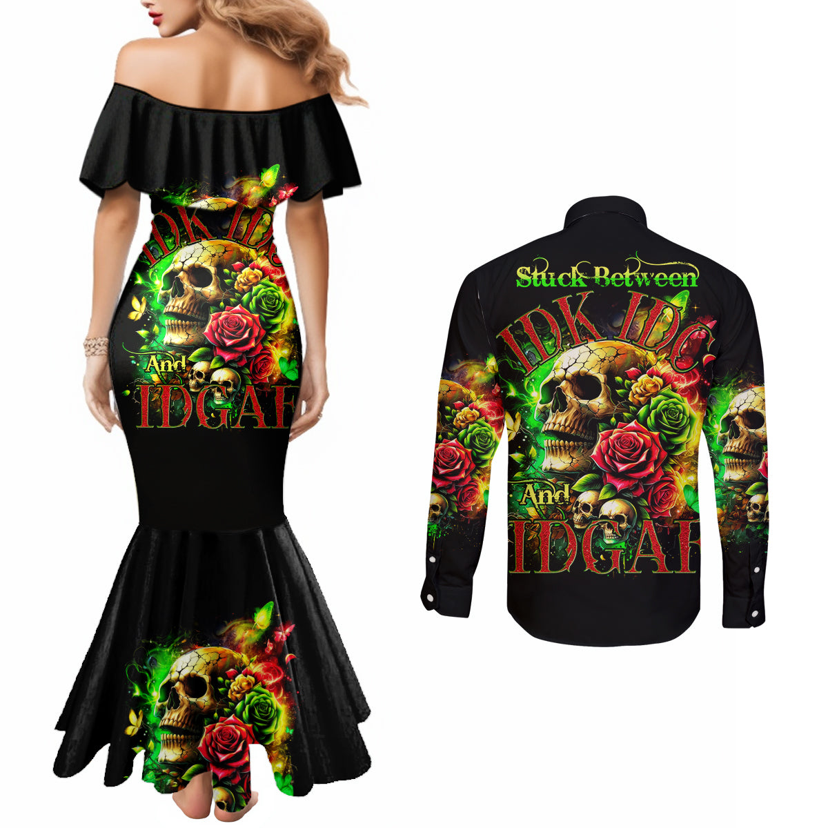 Rose Skull Couples Matching Mermaid Dress and Long Sleeve Button Shirt Stuck Between IDK IDC