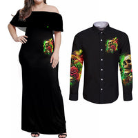 Rose Skull Couples Matching Off Shoulder Maxi Dress and Long Sleeve Button Shirt Stuck Between IDK IDC - Wonder Print Shop
