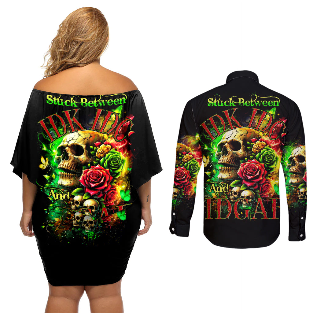 Rose Skull Couples Matching Off Shoulder Short Dress and Long Sleeve Button Shirt Stuck Between IDK IDC - Wonder Print Shop