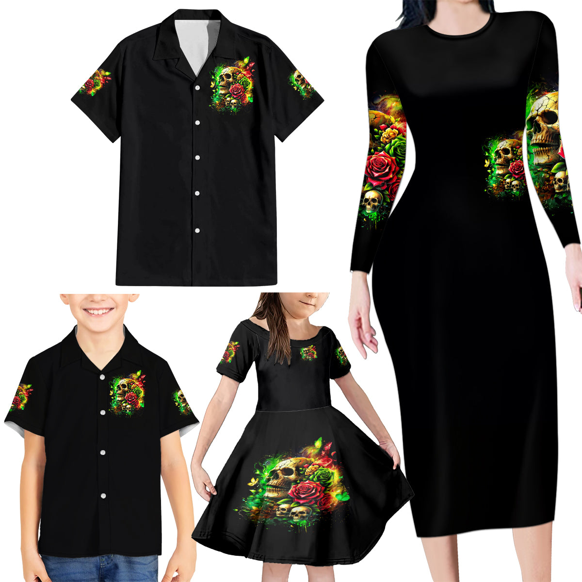 Rose Skull Family Matching Long Sleeve Bodycon Dress and Hawaiian Shirt Stuck Between IDK IDC - Wonder Print Shop