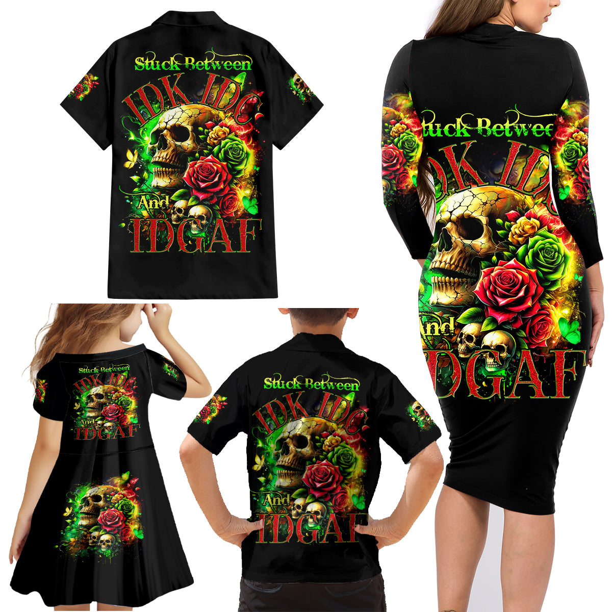 Rose Skull Family Matching Long Sleeve Bodycon Dress and Hawaiian Shirt Stuck Between IDK IDC - Wonder Print Shop