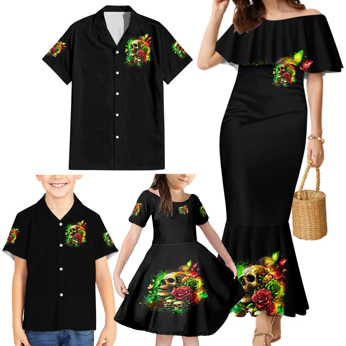 Rose Skull Family Matching Mermaid Dress and Hawaiian Shirt Stuck Between IDK IDC - Wonder Print Shop