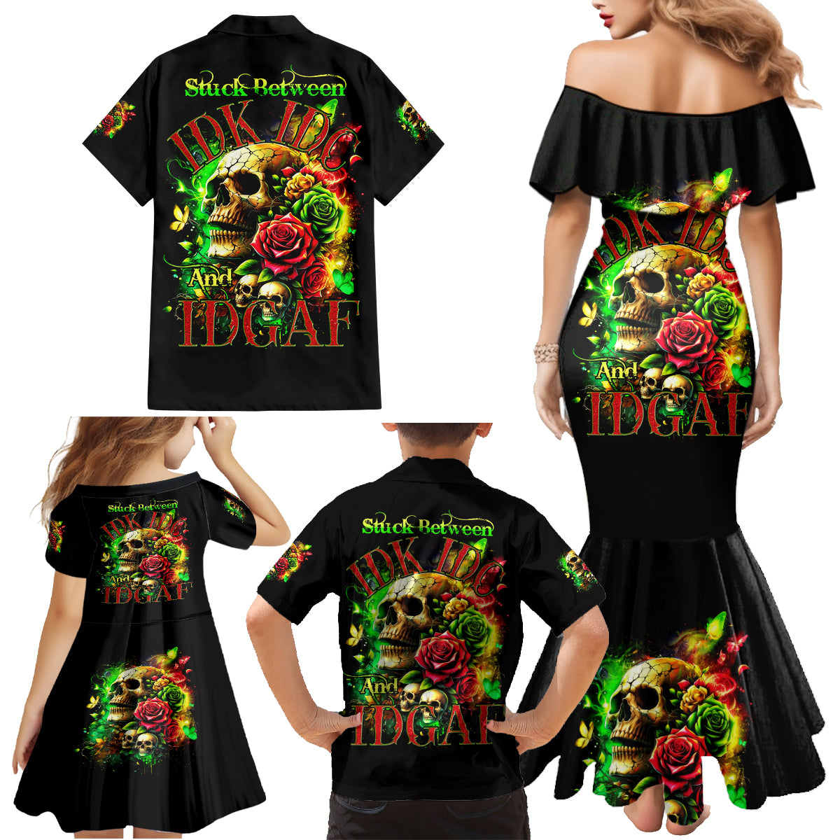 Rose Skull Family Matching Mermaid Dress and Hawaiian Shirt Stuck Between IDK IDC - Wonder Print Shop