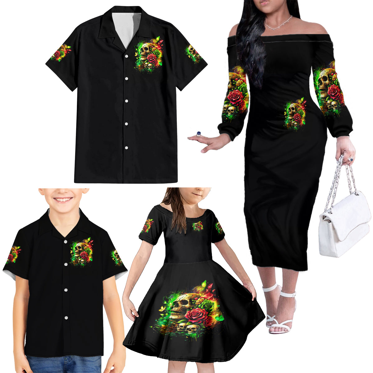 Rose Skull Family Matching Off Shoulder Long Sleeve Dress and Hawaiian Shirt Stuck Between IDK IDC - Wonder Print Shop