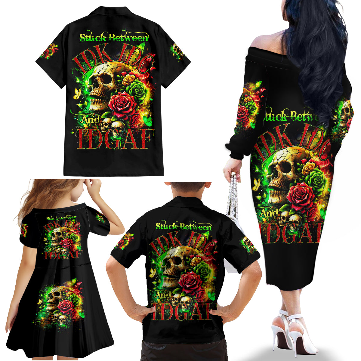 Rose Skull Family Matching Off Shoulder Long Sleeve Dress and Hawaiian Shirt Stuck Between IDK IDC - Wonder Print Shop