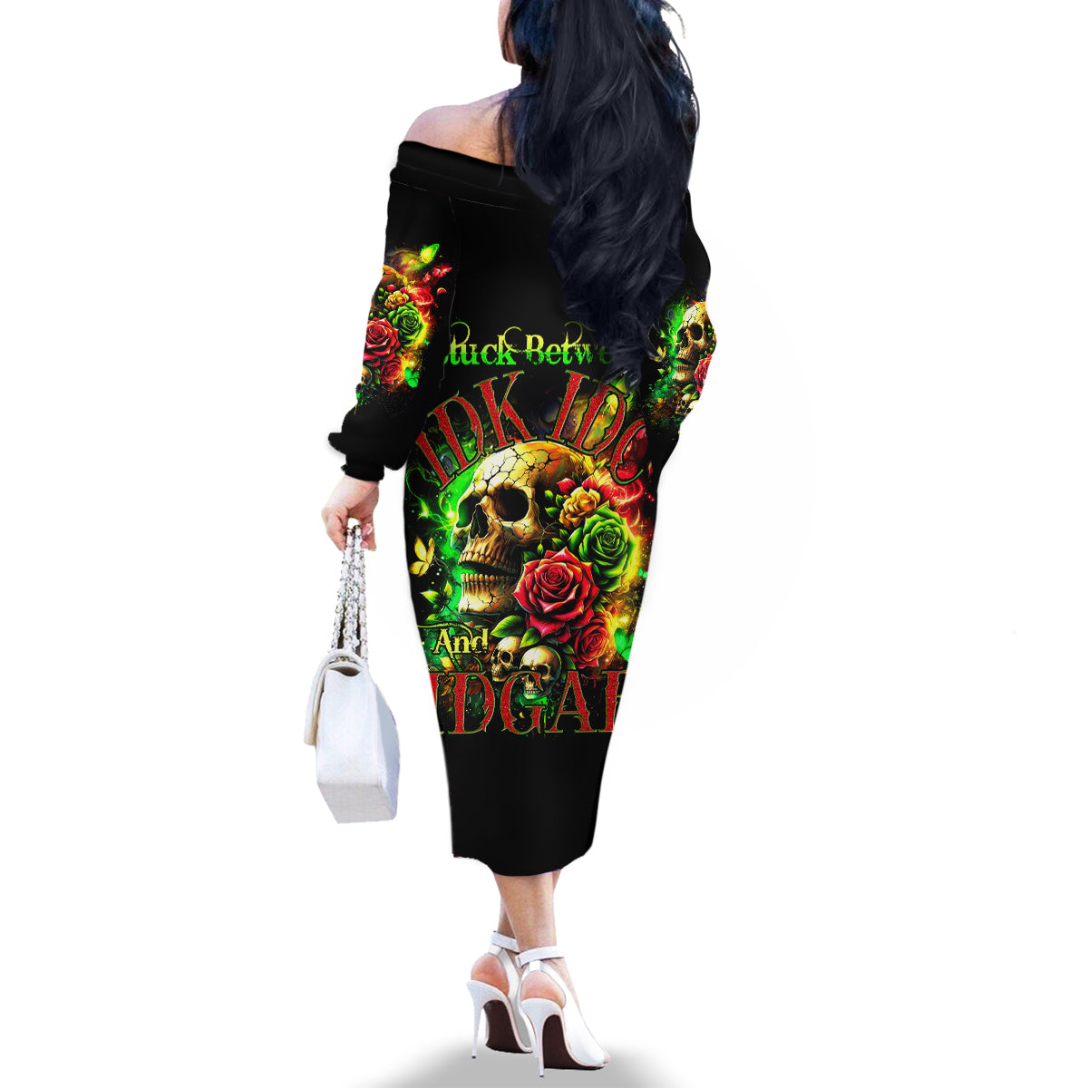 Rose Skull Family Matching Off Shoulder Long Sleeve Dress and Hawaiian Shirt Stuck Between IDK IDC - Wonder Print Shop