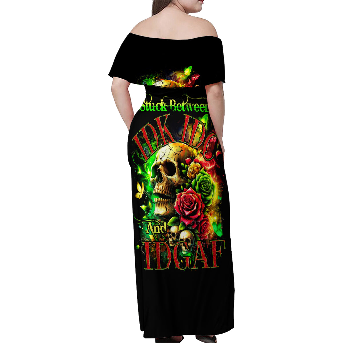 Rose Skull Family Matching Off Shoulder Maxi Dress and Hawaiian Shirt Stuck Between IDK IDC - Wonder Print Shop