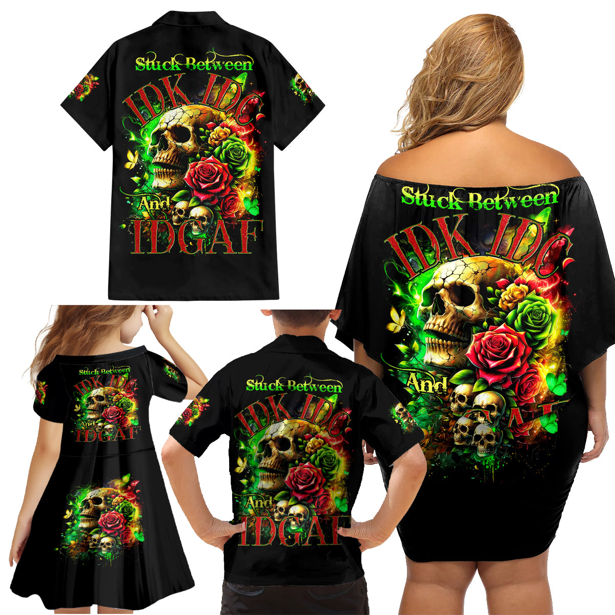Rose Skull Family Matching Off Shoulder Short Dress and Hawaiian Shirt Stuck Between IDK IDC - Wonder Print Shop