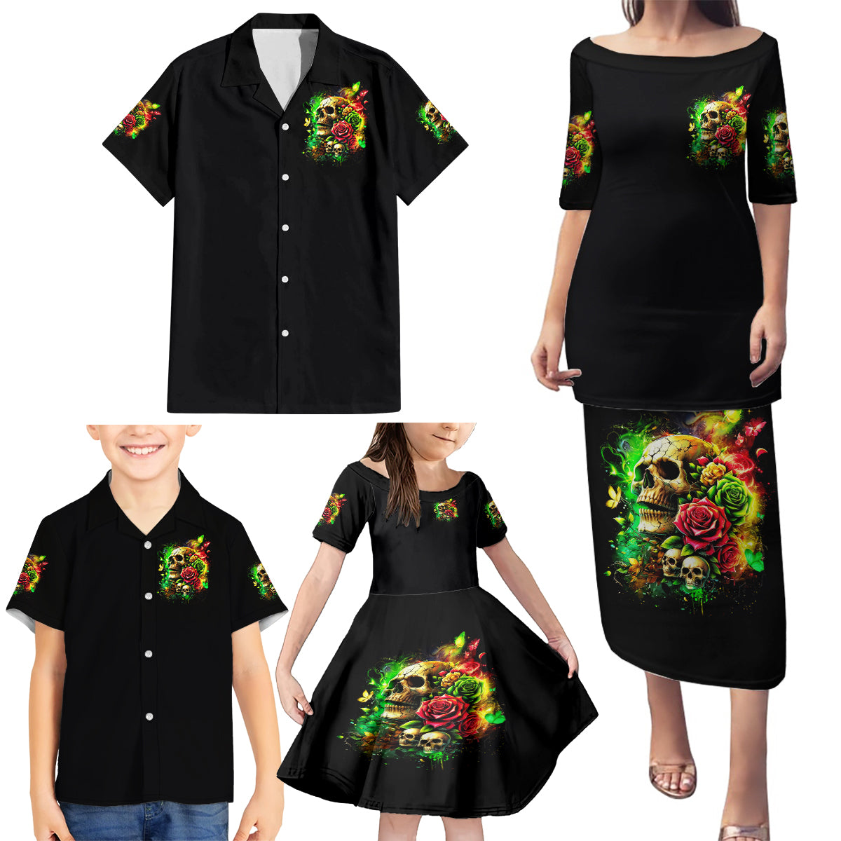 Rose Skull Family Matching Puletasi and Hawaiian Shirt Stuck Between IDK IDC - Wonder Print Shop