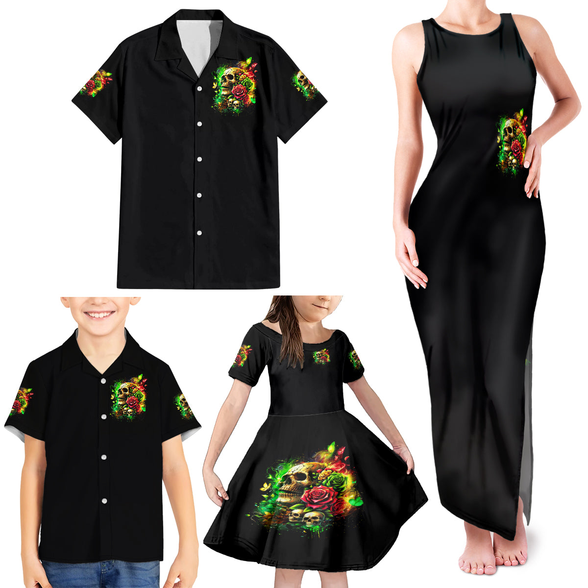 Rose Skull Family Matching Tank Maxi Dress and Hawaiian Shirt Stuck Between IDK IDC - Wonder Print Shop