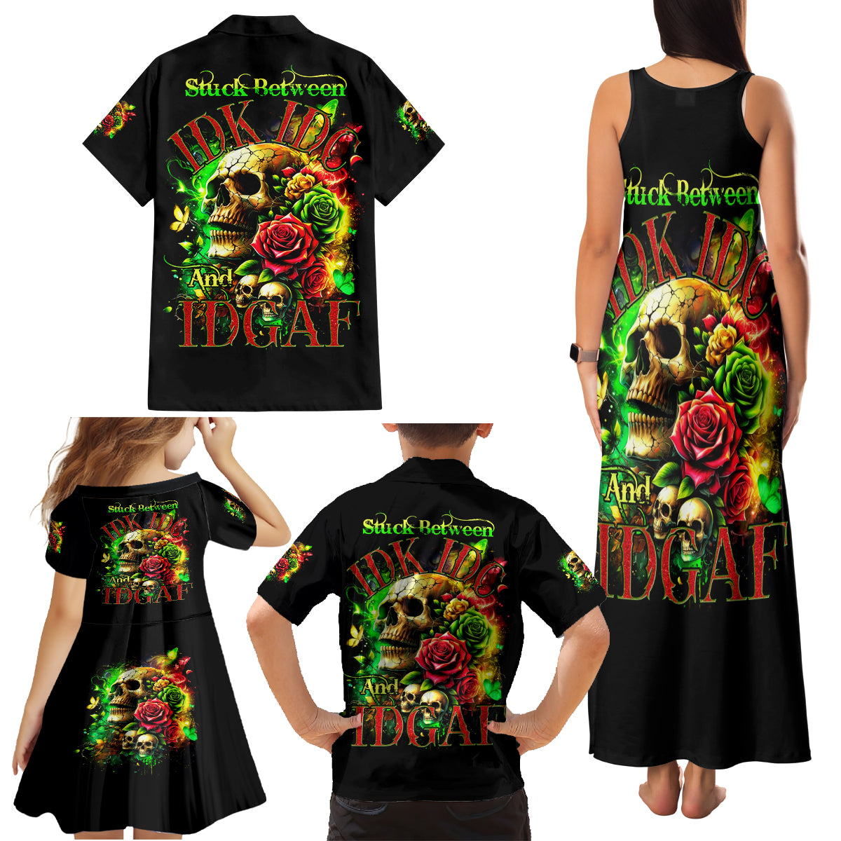 Rose Skull Family Matching Tank Maxi Dress and Hawaiian Shirt Stuck Between IDK IDC - Wonder Print Shop