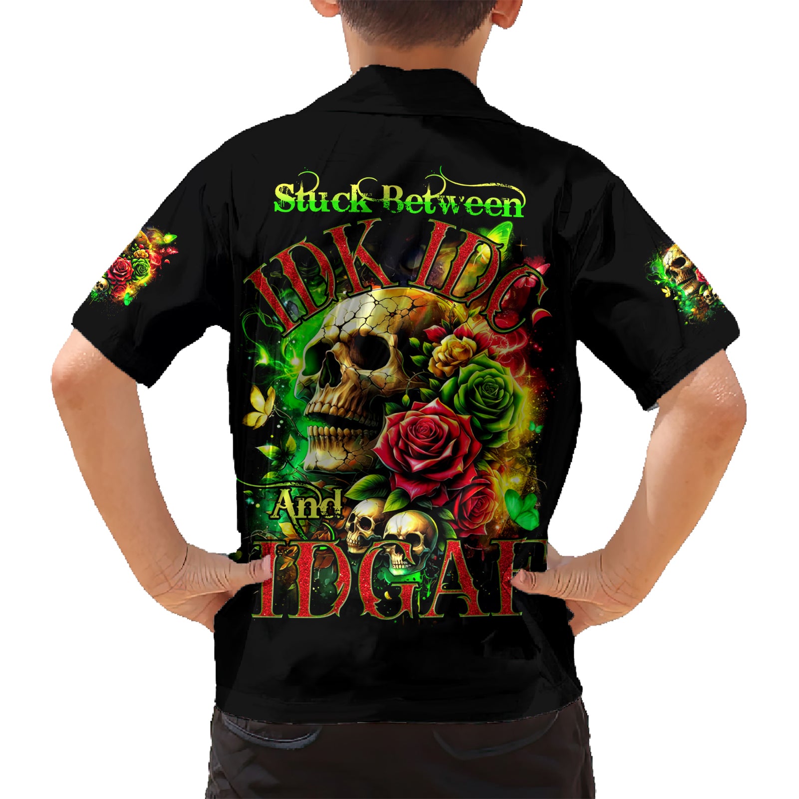 Rose Skull Kid Hawaiian Shirt Stuck Between IDK IDC - Wonder Print Shop