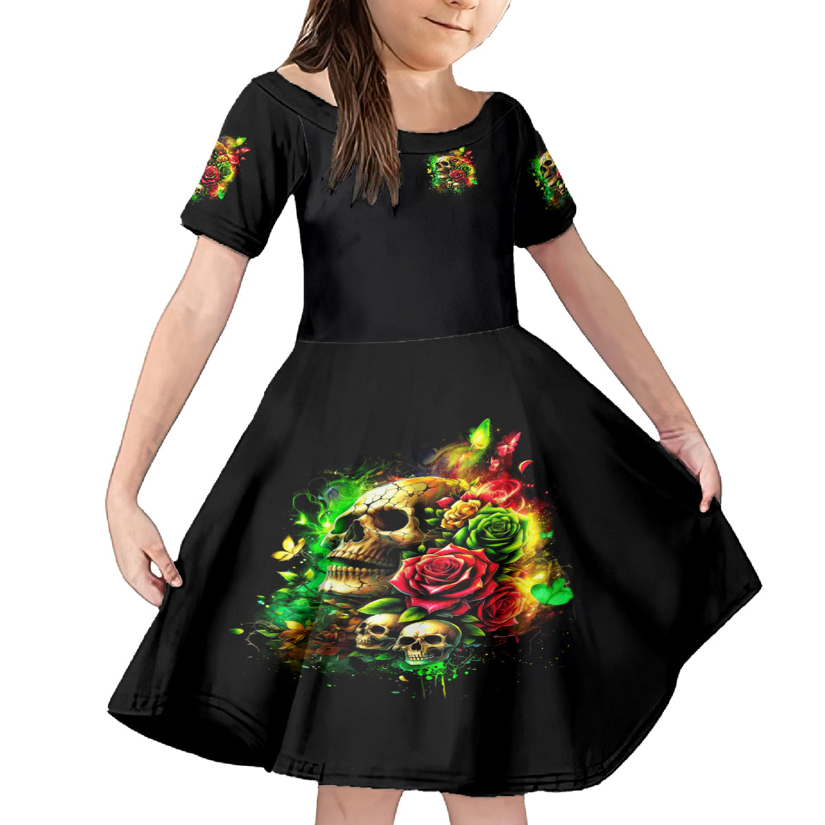 Rose Skull Kid Short Sleeve Dress Stuck Between IDK IDC - Wonder Print Shop