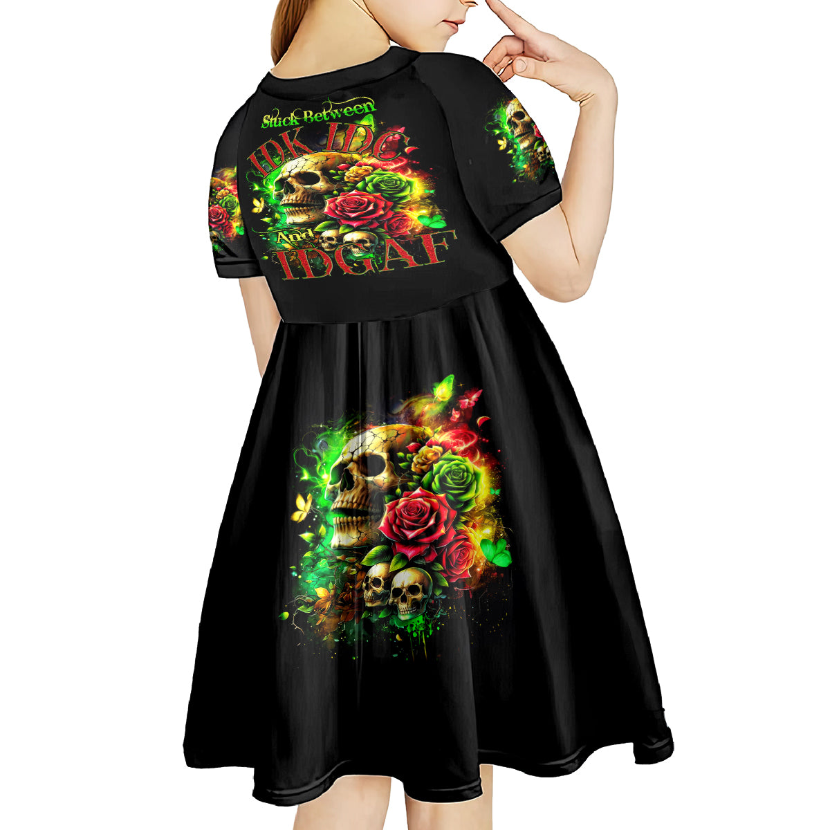 Rose Skull Kid Short Sleeve Dress Stuck Between IDK IDC - Wonder Print Shop