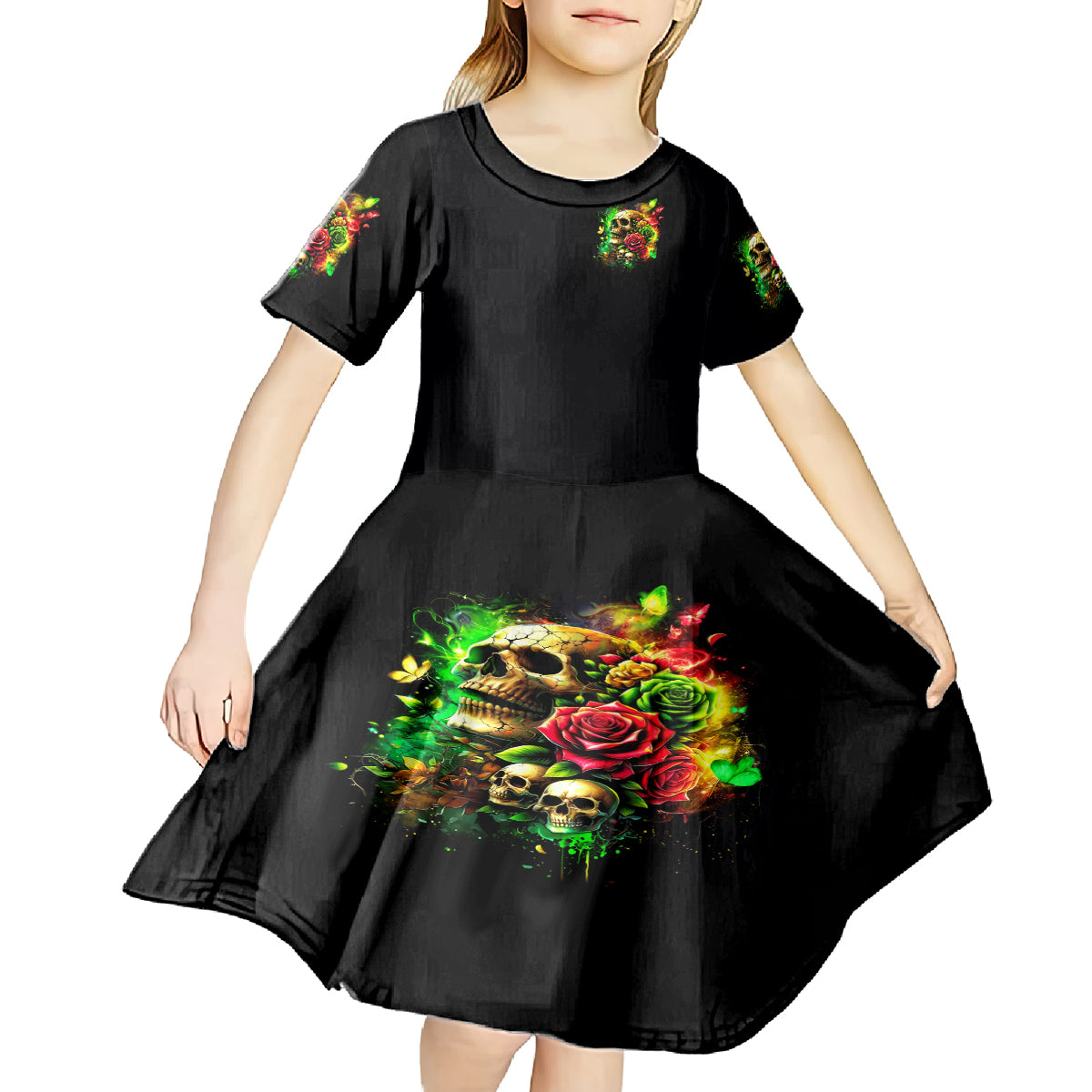 Rose Skull Kid Short Sleeve Dress Stuck Between IDK IDC - Wonder Print Shop