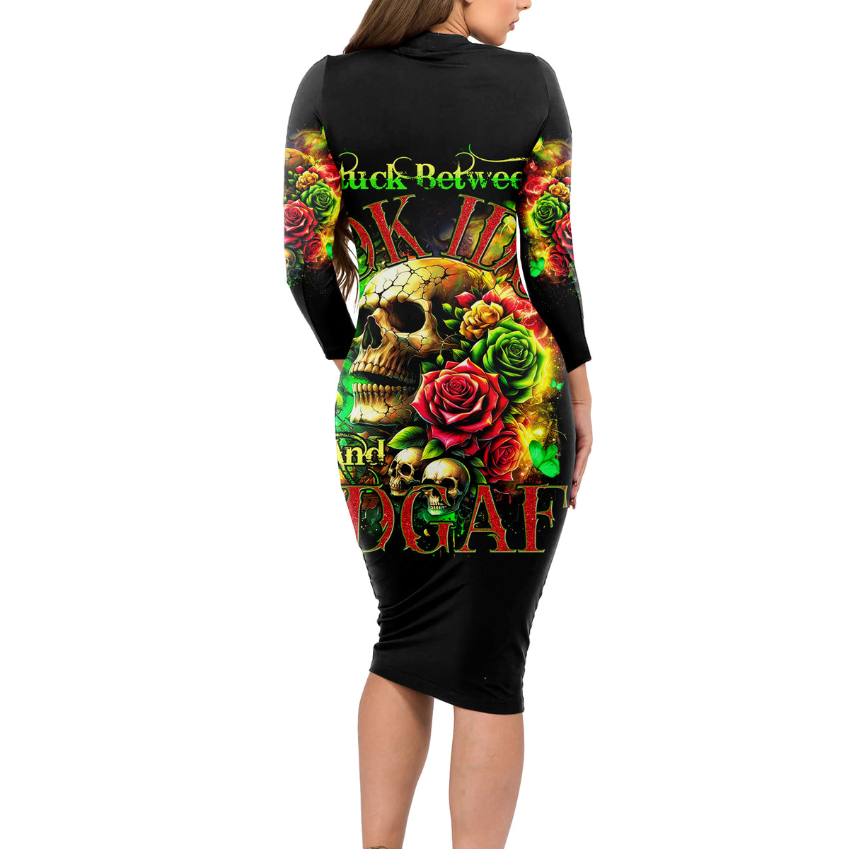 Rose Skull Long Sleeve Bodycon Dress Stuck Between IDK IDC - Wonder Print Shop