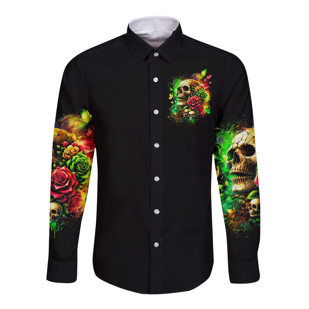 Rose Skull Long Sleeve Button Shirt Stuck Between IDK IDC - Wonder Print Shop