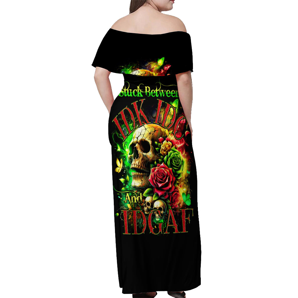 Rose Skull Off Shoulder Maxi Dress Stuck Between IDK IDC - Wonder Print Shop