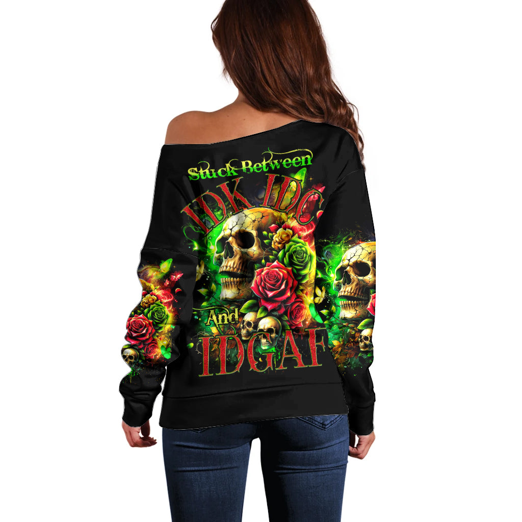 Rose Skull Off Shoulder Sweater Stuck Between IDK IDC - Wonder Print Shop