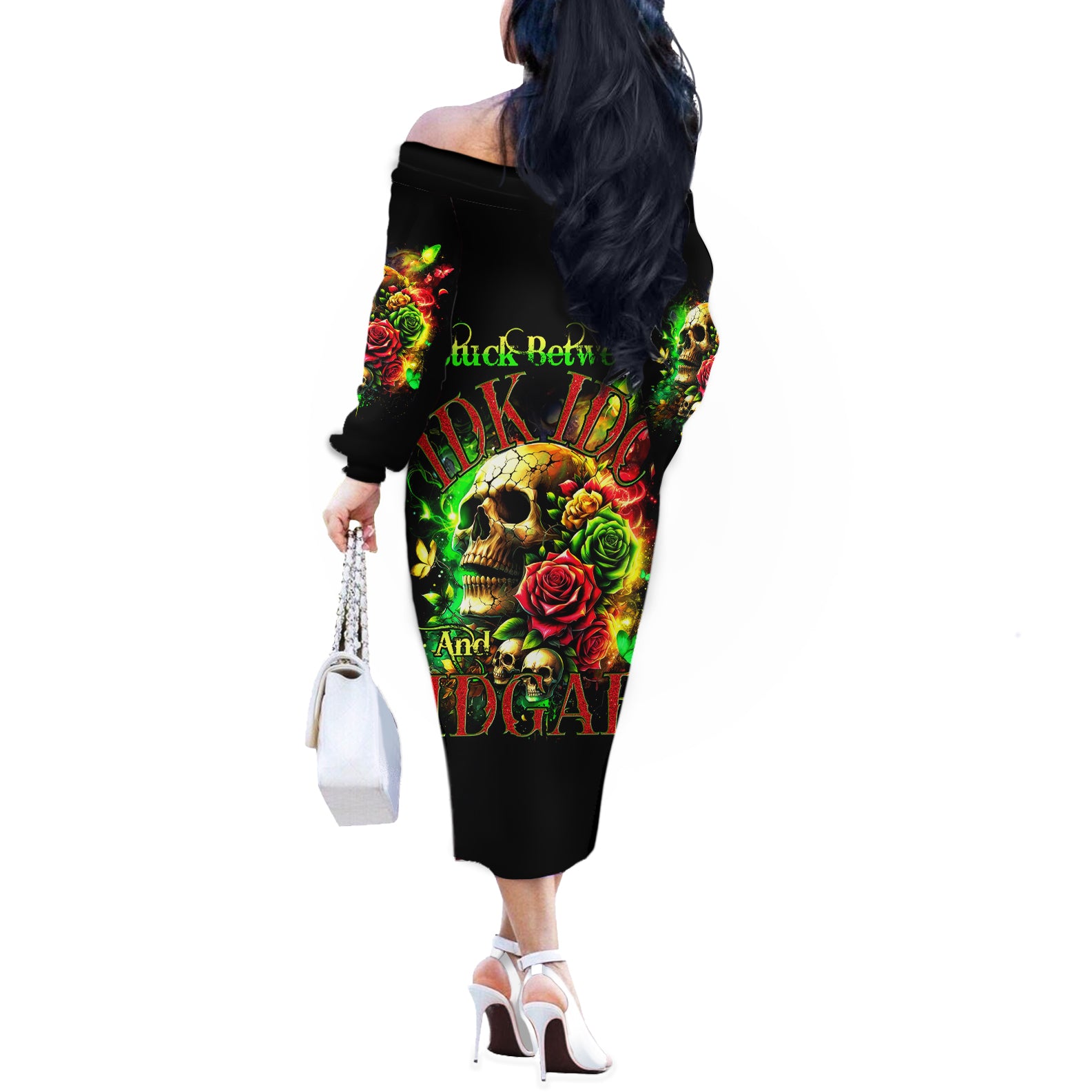 Rose Skull Off The Shoulder Long Sleeve Dress Stuck Between IDK IDC - Wonder Print Shop