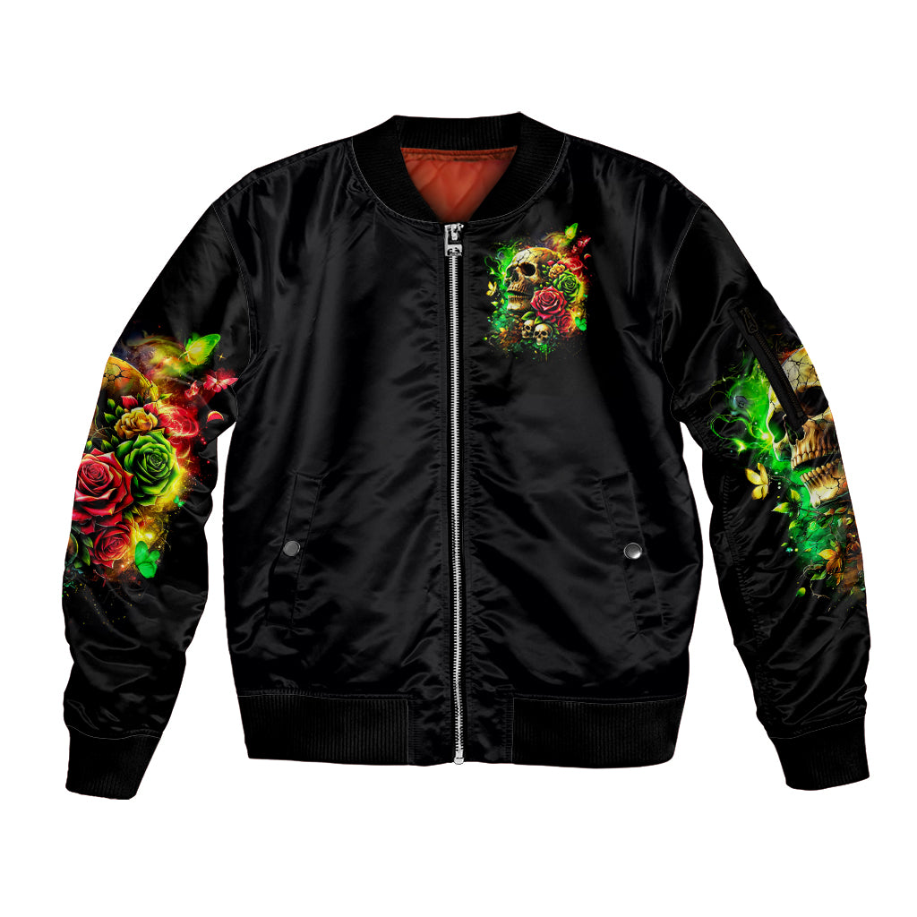 Rose Skull Sleeve Zip Bomber Jacket Stuck Between IDK IDC - Wonder Print Shop