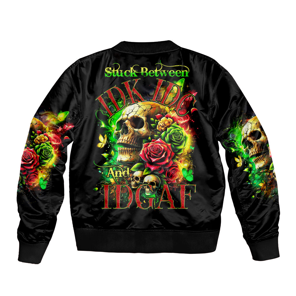 Rose Skull Sleeve Zip Bomber Jacket Stuck Between IDK IDC - Wonder Print Shop