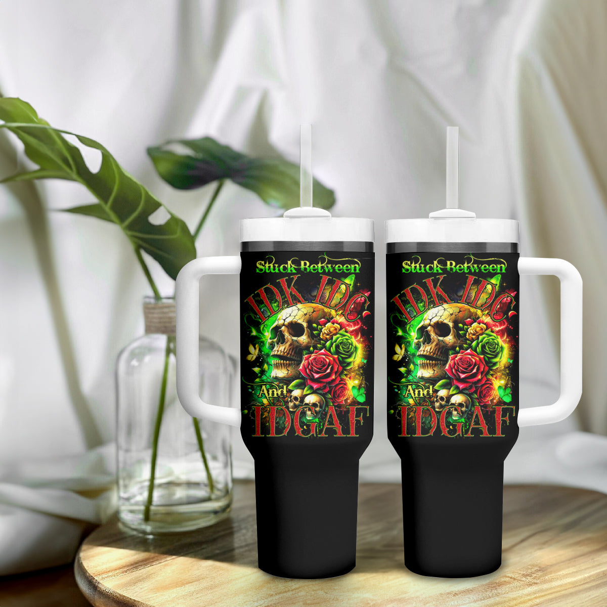Rose Skull Tumbler With Handle Stuck Between IDK IDC - Wonder Print Shop