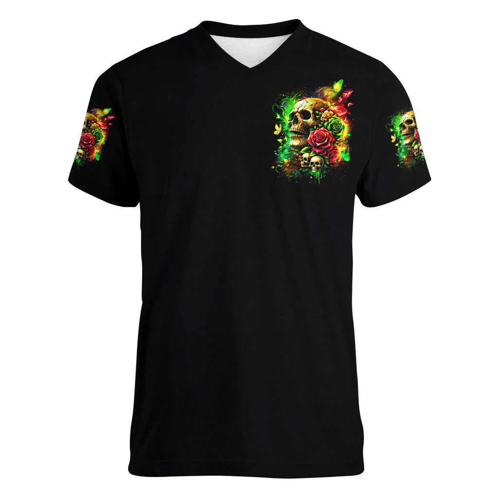 Rose Skull Women V Neck T Shirt Stuck Between IDK IDC - Wonder Print Shop